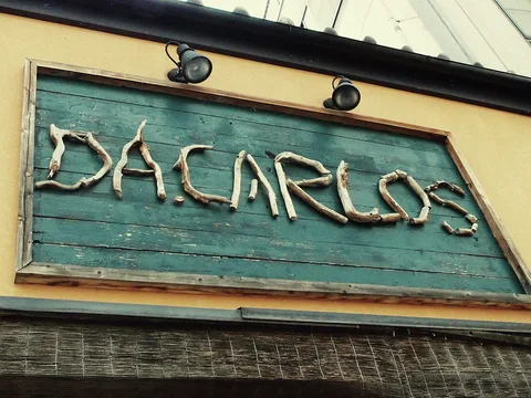 Pale branch-like letters spell Dacarlos on a weathered green wooden sign beneath two small lamps.