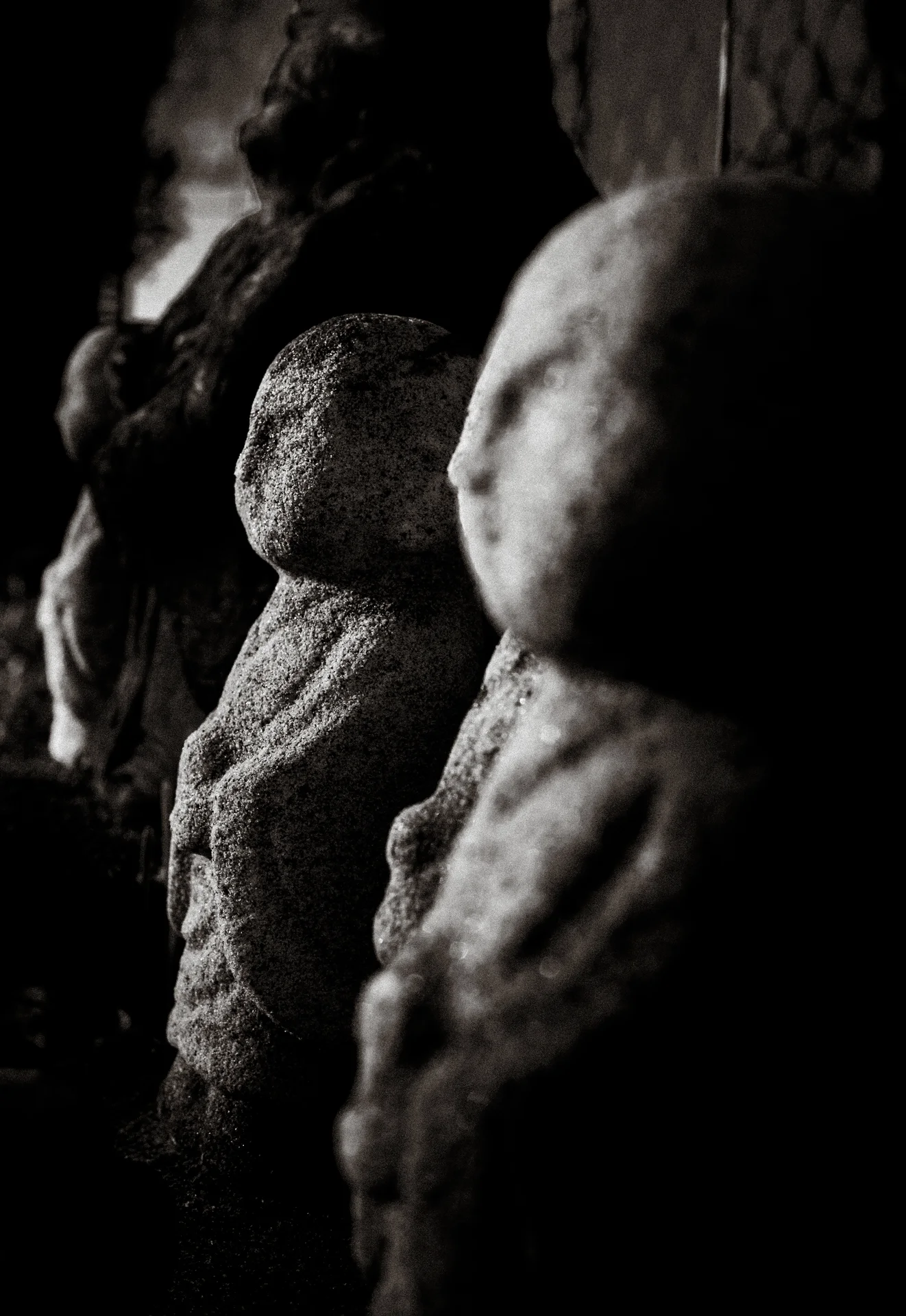 Rounded stone figures form a receding row with the nearest face softly blurred in black and white.