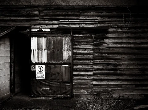 A patched doorway interrupts a deeply weathered horizontal wooden wall in black and white.