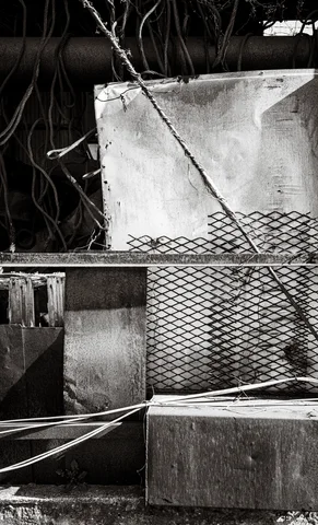 Metal mesh and pale rectangular panels sit beneath hanging vines and diagonal cables in monochrome.