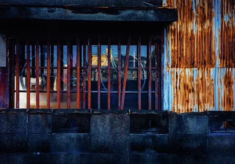 Reddish bars cover a dark window beside heavily rusted blue corrugated siding.