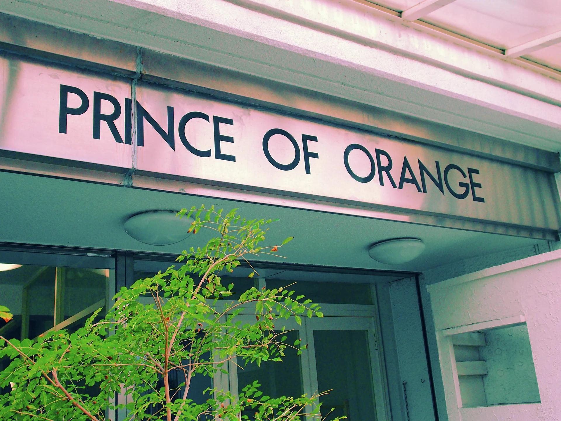 Dark Prince of Orange lettering spans a pale shop fascia above glass doors and leafy branches.