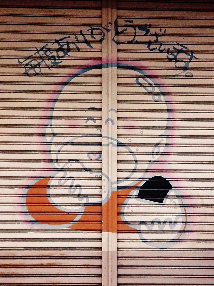 A painted smiling cartoon face with orange shoulders fills closed pale metal shutters.