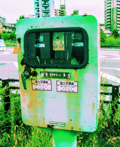 A rust-streaked pale electrical cabinet stands among weeds with a dark inset window and small warning labels.