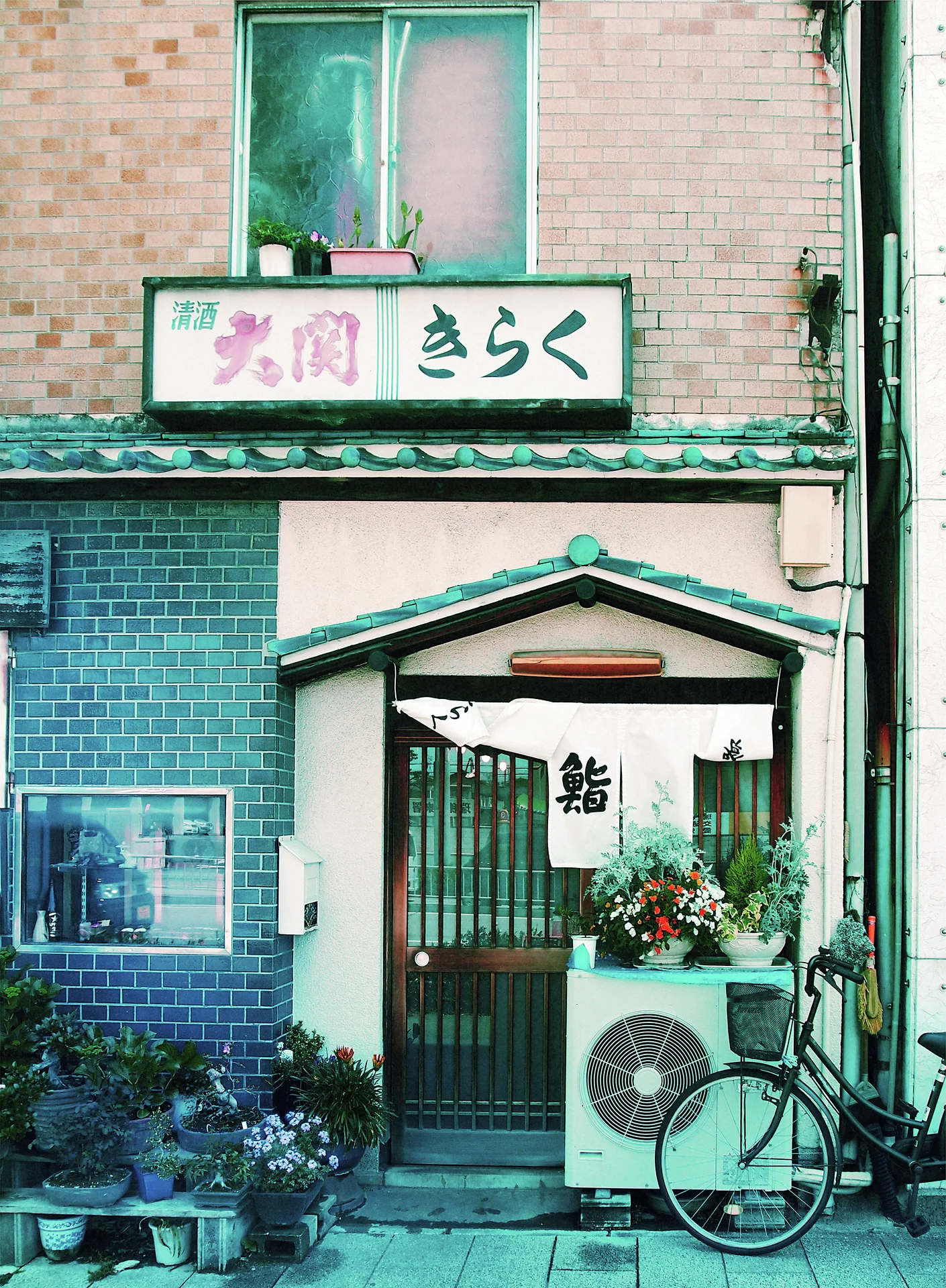 A bicycle leans beside an air conditioner outside a narrow entrance framed by green tiles and plants.