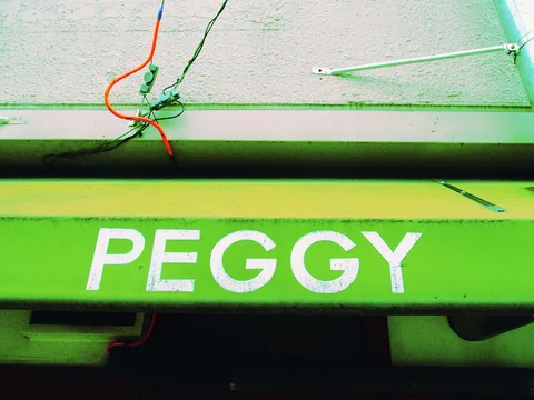 White Peggy lettering spans a bright green awning beneath loose wires against a pale wall.