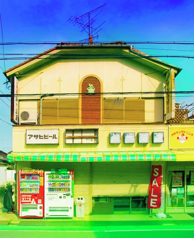 A pale yellow storefront has upper shutters, a green striped awning, and outdoor vending machines.