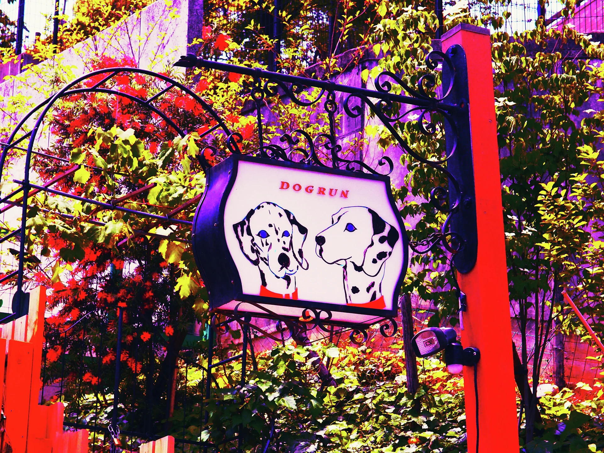 An illustrated dog sign hangs from decorative black metalwork between red posts and leafy plants.