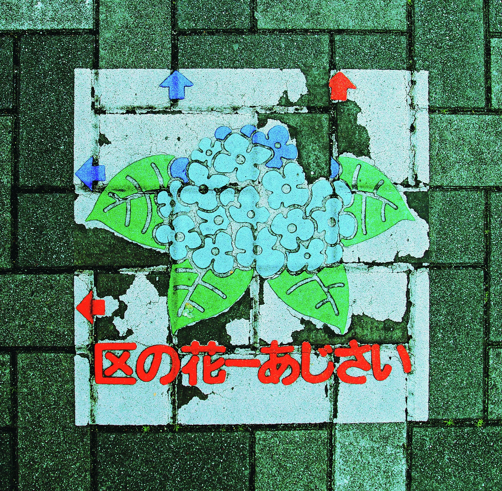 A painted blue flower with green leaves and red Japanese lettering decorates a patched block wall.