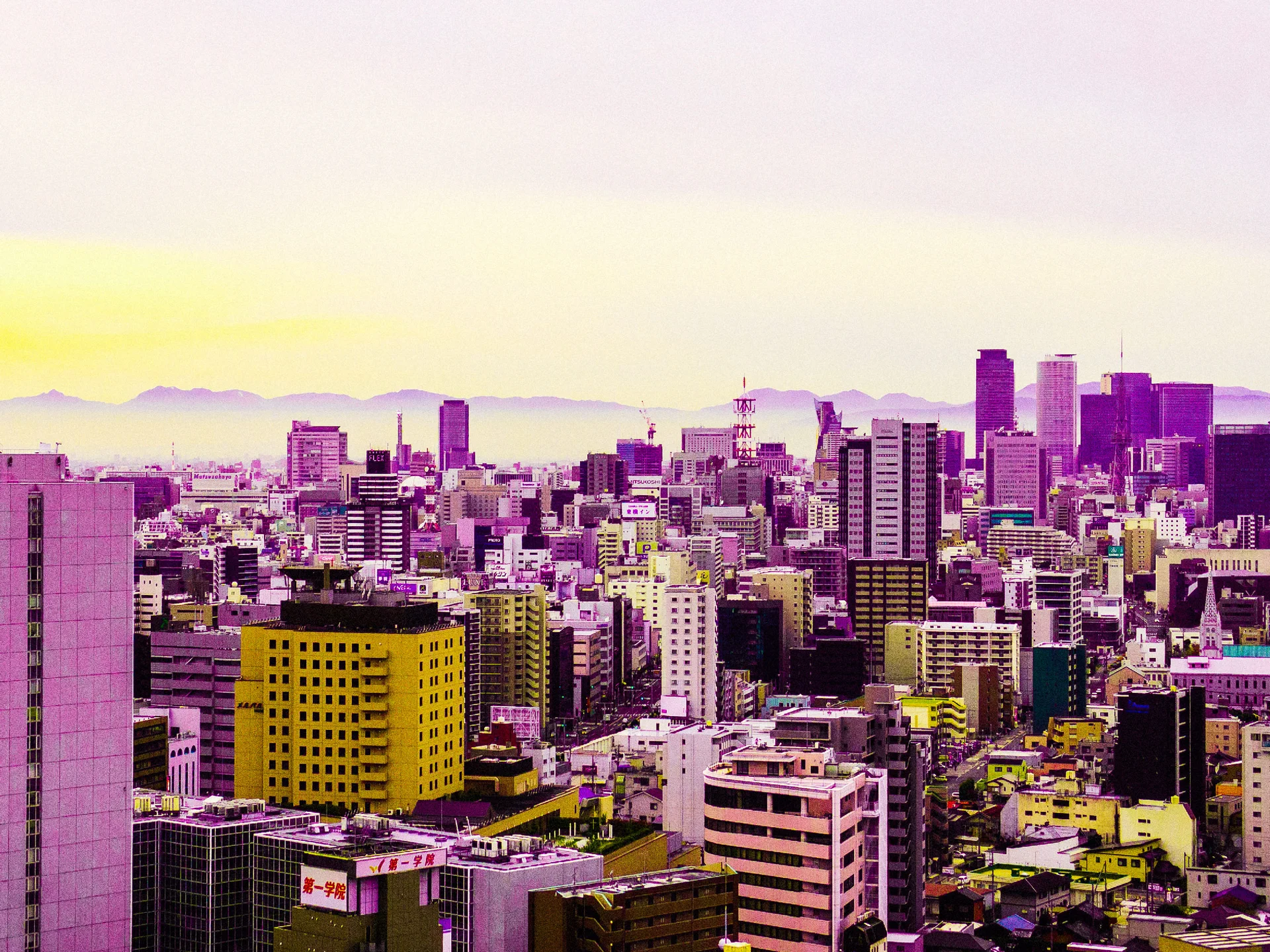 Dense purple-toned city buildings stretch toward distant hills beneath a pale sky with a yellow horizon.