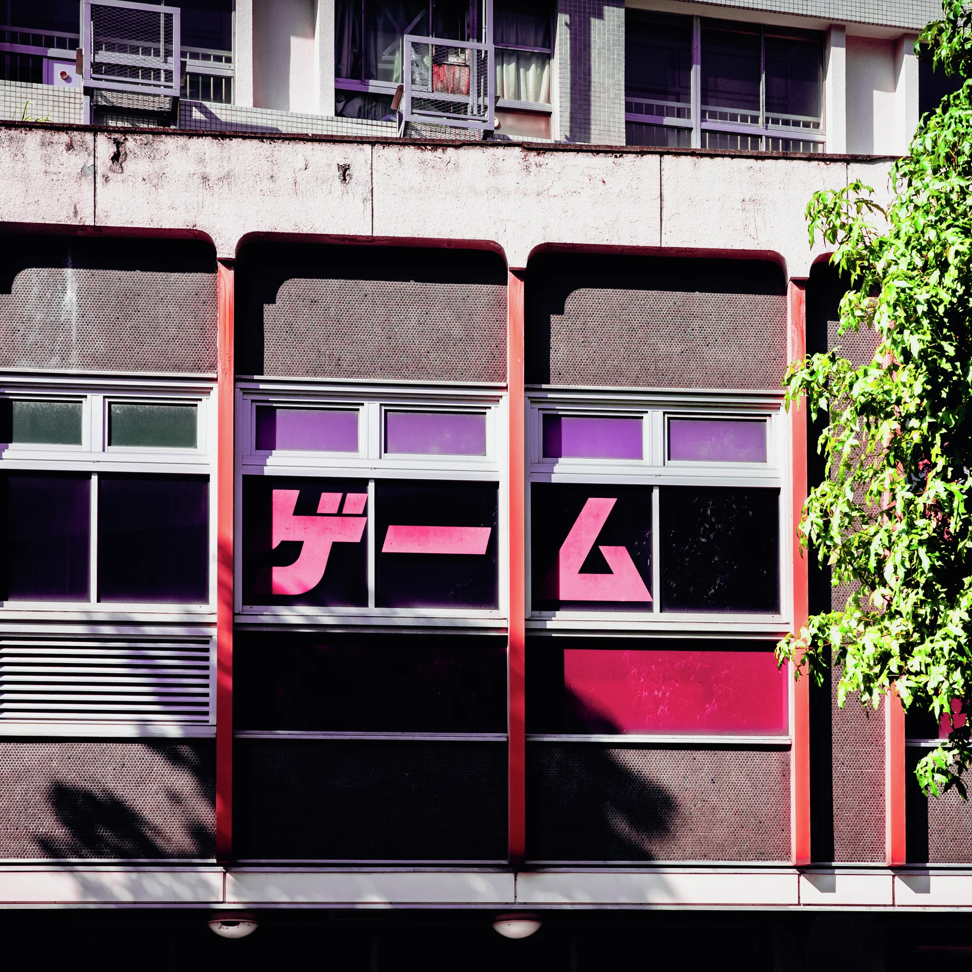 Bold pink lettering fills dark windows beneath weathered concrete balconies beside leafy greenery.