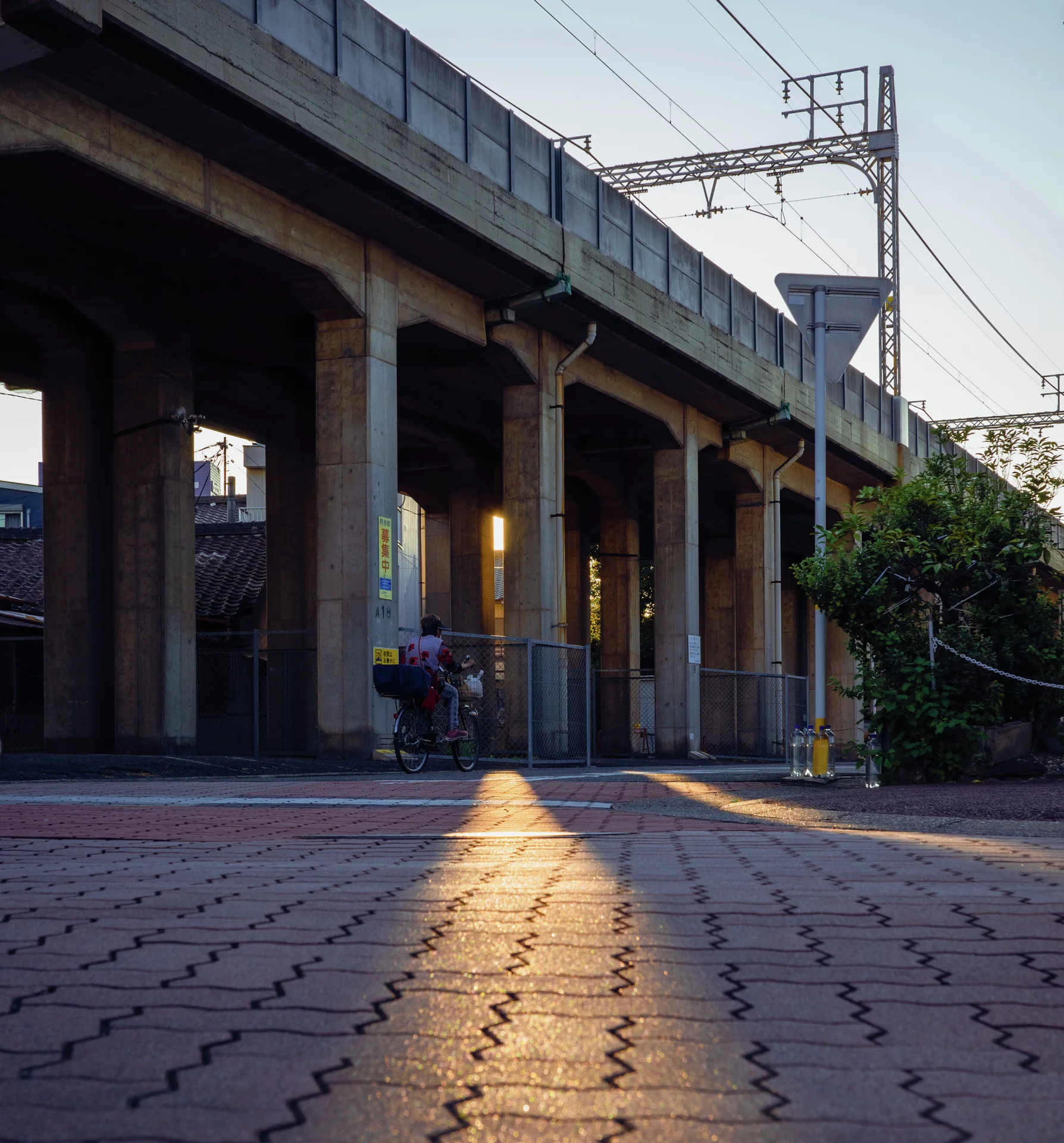 A strip of warm sunlight crosses patterned paving beneath an elevated railway supported by concrete pillars.