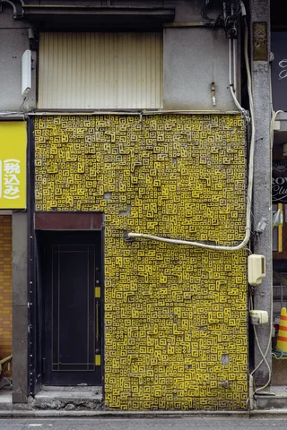 A narrow dark door sits within a yellow mosaic wall crossed by an exposed pale conduit.