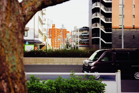 A foreground tree frames a black van on a street opposite tall buildings and orange steel framework.