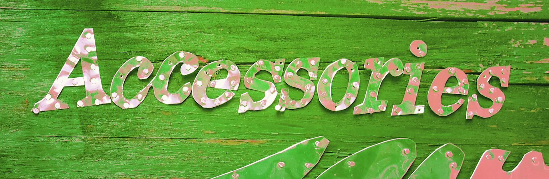 Pale pink Accessories lettering stands out against a weathered green wooden sign with visible horizontal grain.