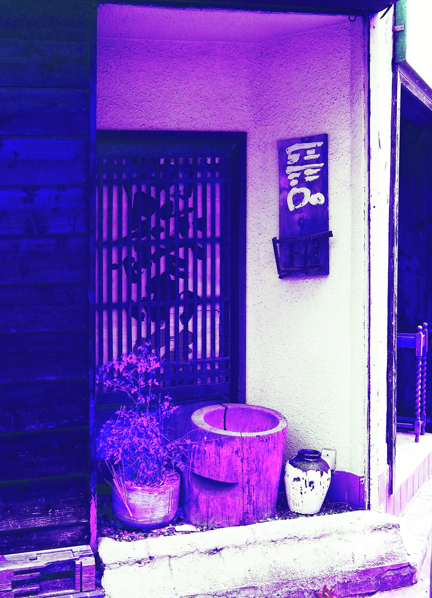 Potted plants and a large cylindrical container stand beside a recessed entrance with a dark slatted door.