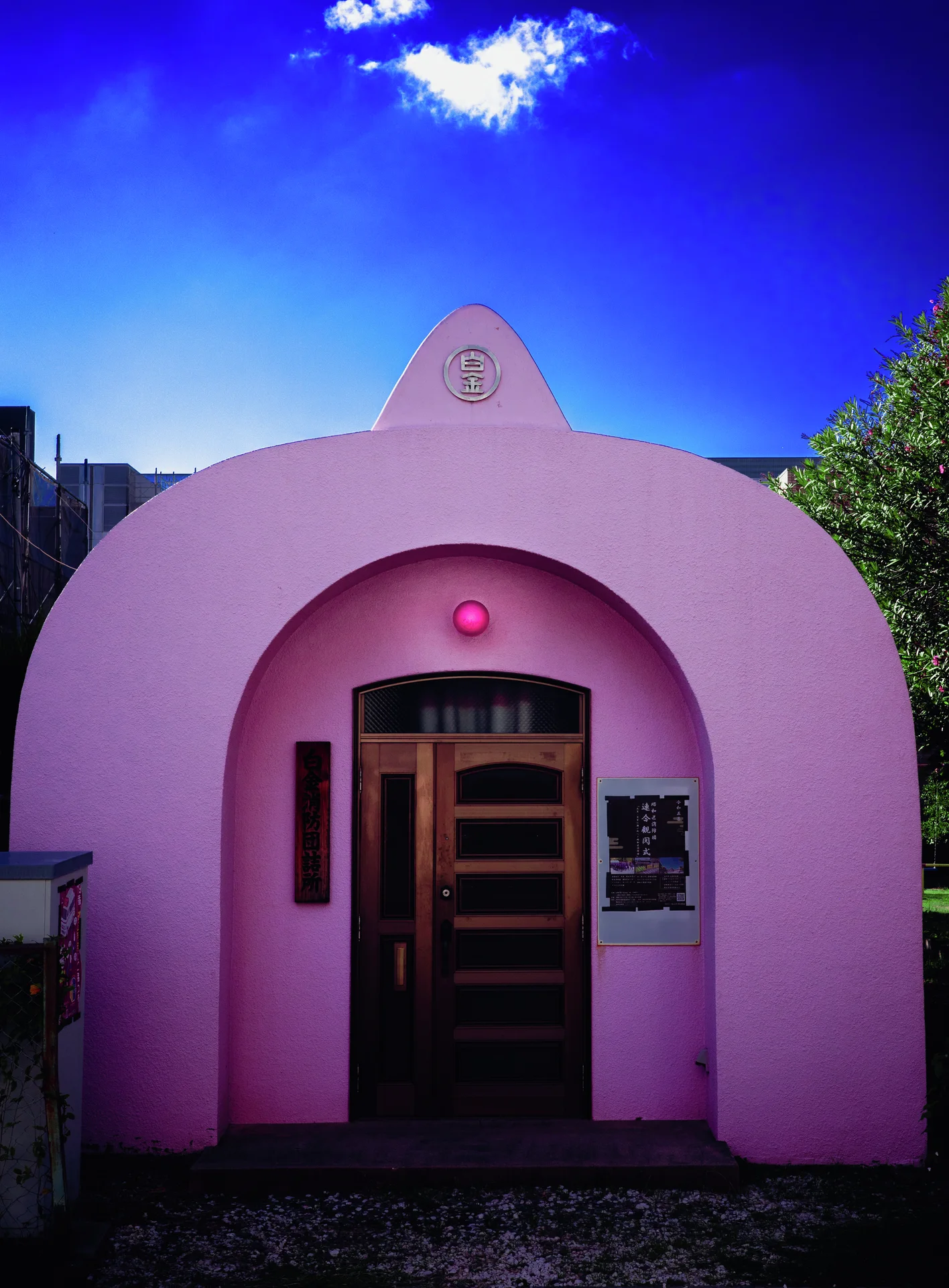 A pink rounded entrance surrounds a dark wooden door beneath a small glowing red light.