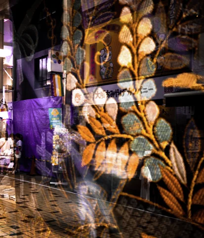 Golden leaf patterns overlap colorful street reflections across a dark storefront window.