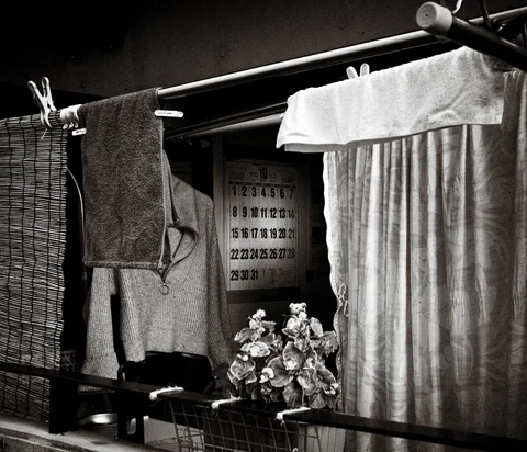 Laundry hangs across a shaded frontage beside a wall calendar and flowering potted plant.