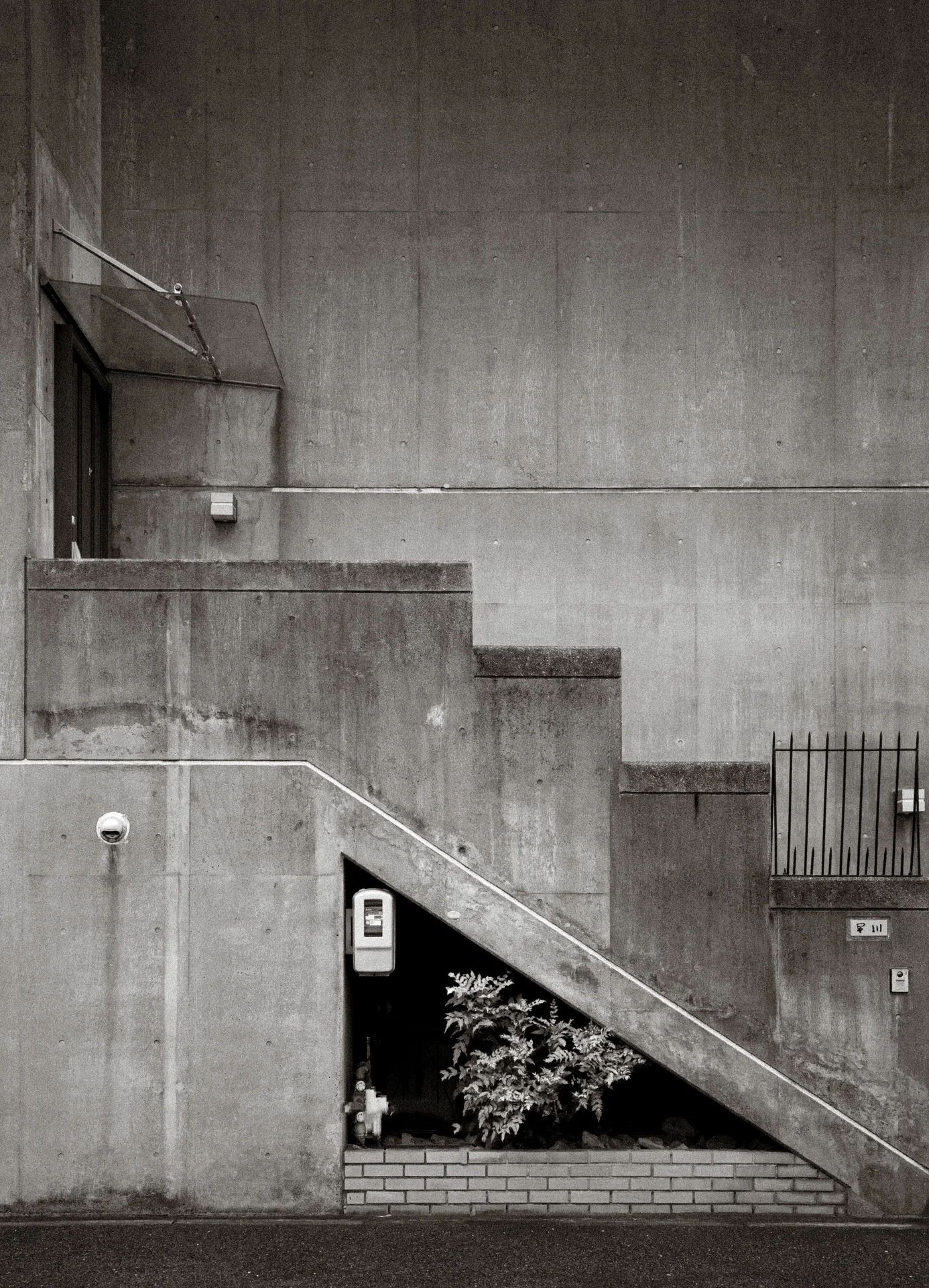 A concrete exterior staircase crosses a plain wall above a triangular planting recess in black and white.