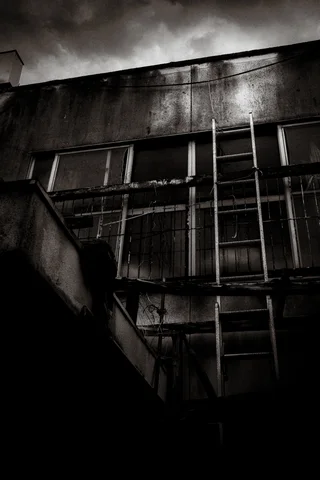 Long ladders lean against weathered upper windows beneath a cloudy sky in black and white.