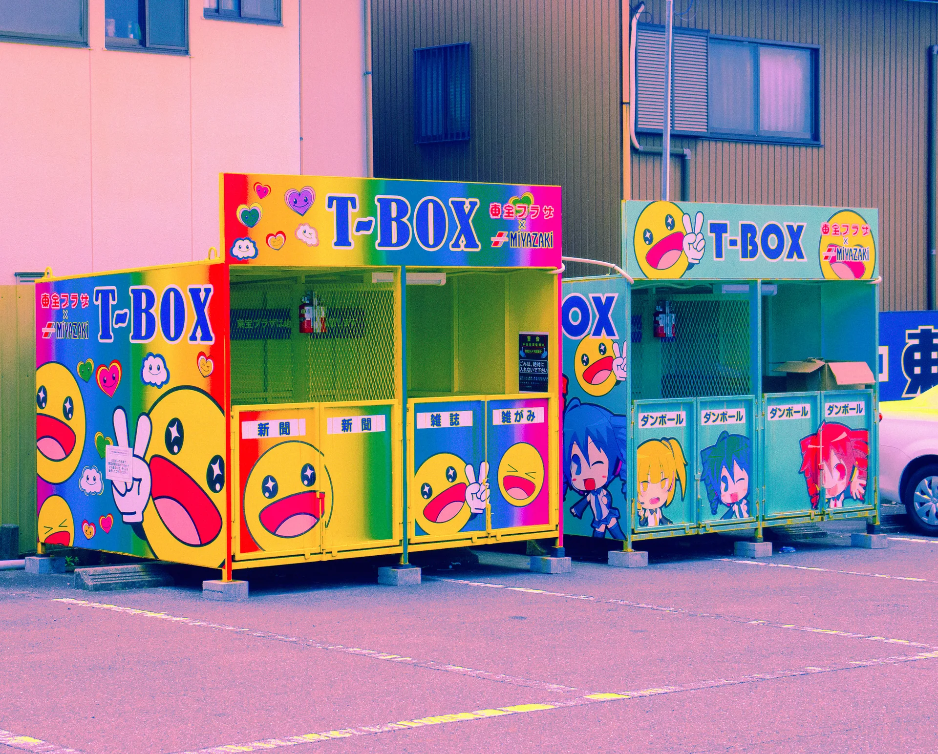 Colorful T-Box booths decorated with smiling cartoon faces stand side by side in a paved lot.