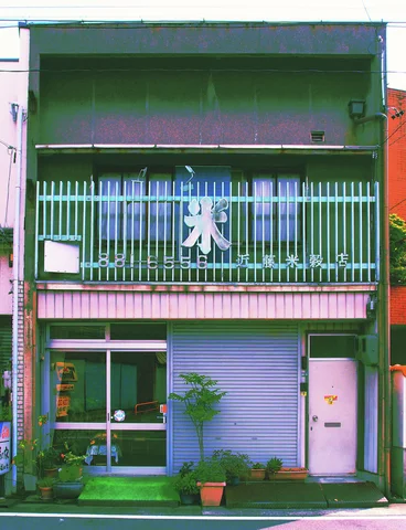 A narrow green building has a barred upstairs balcony, closed shutter, pale door, and potted plants.