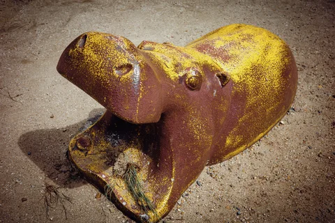 A weathered yellow and brown hippopotamus sculpture rests on bare sandy ground.