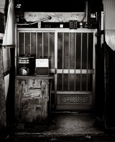 A barred glass door closes a cramped shadowy entry beside weathered panels in monochrome.