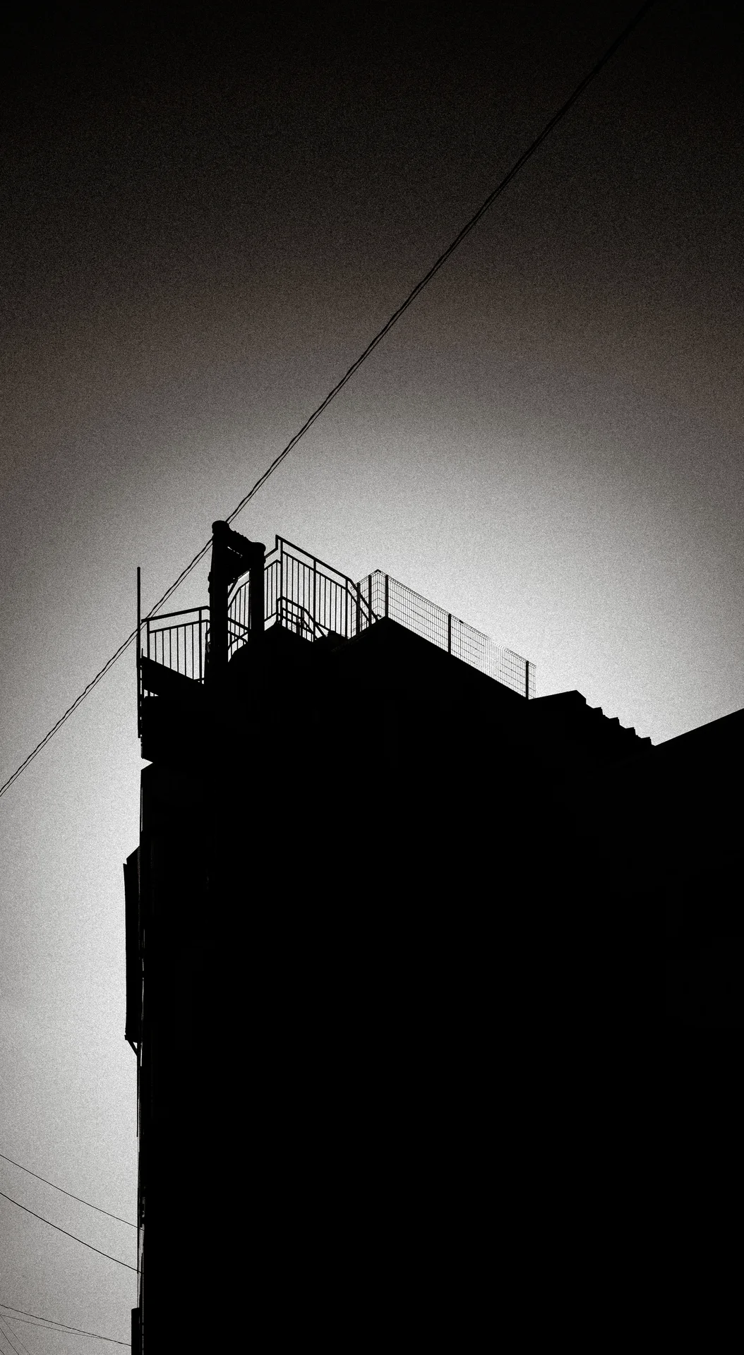 A dark building silhouette ends in a rooftop railing beneath diagonal wires in a black and white view.