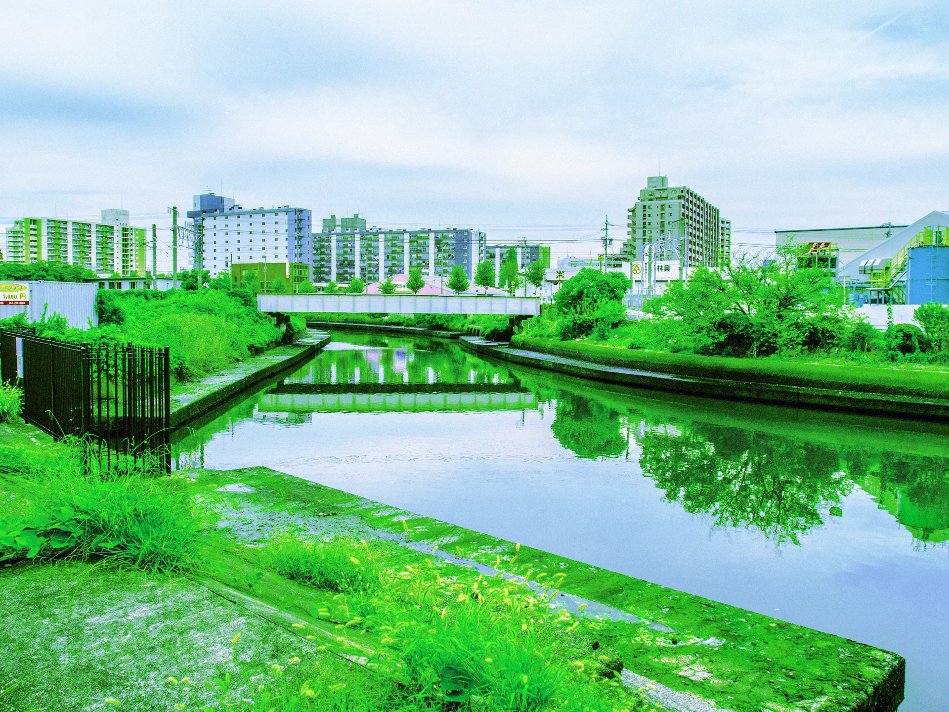 Still canal water reflects green banks and distant buildings beneath a low bridge and pale sky.
