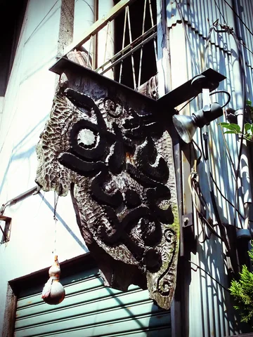 A large textured owl ornament projects above a closed green shutter beside tangled wires and spotlights.