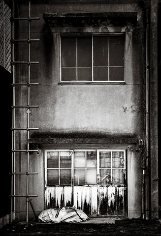 Two stacked windows and a stained lower door punctuate a weathered facade beside a ladder in black and white.