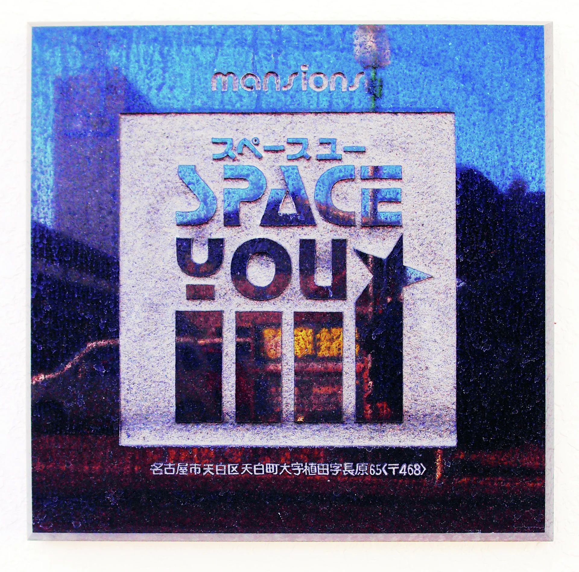 A weathered blue poster displays large stacked Space You lettering above a blocky geometric illustration.