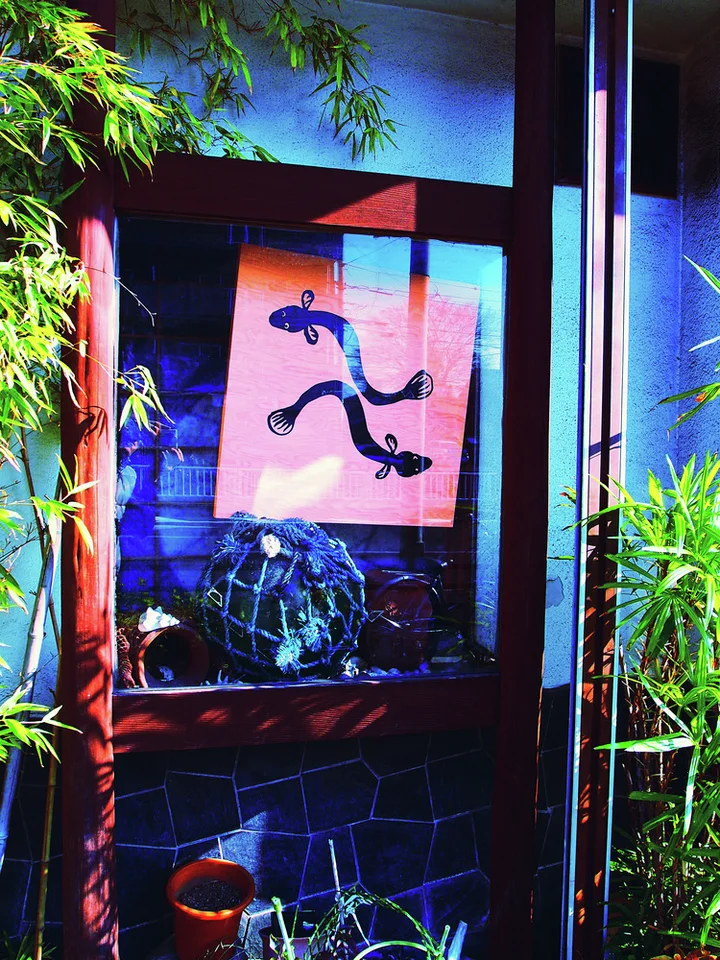 A pink plaque with a dark curving symbol hangs behind glass beside bamboo greenery.