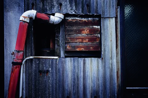 A bent red pipe with white joints crosses blue corrugated siding beside a rusty shuttered window.