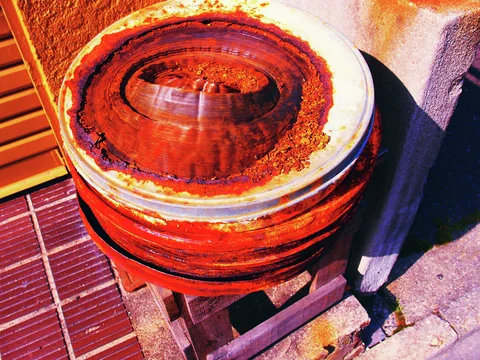 A large circular metal object has a deeply rusted recessed center and bright concentric outer rims.