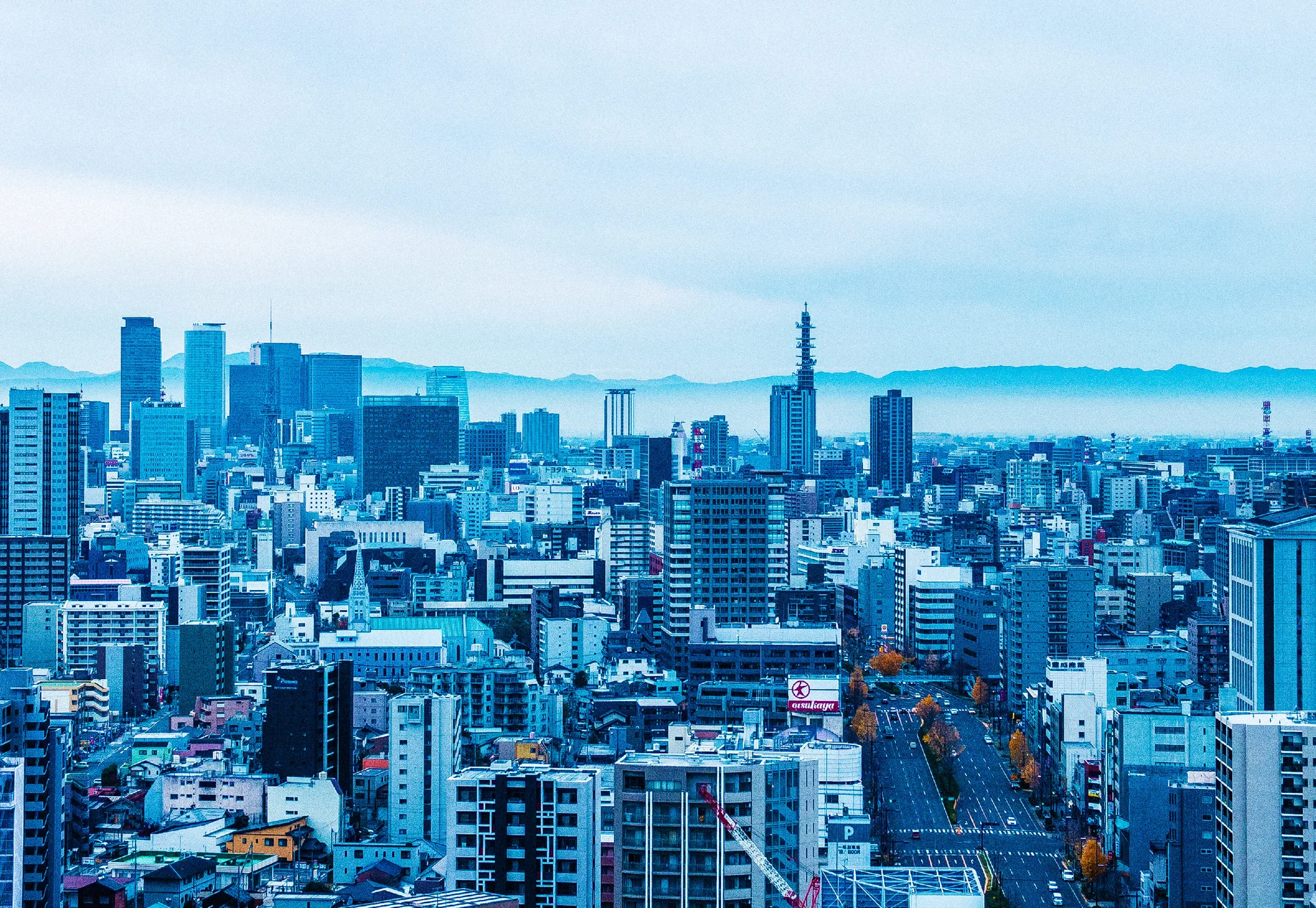 Blue-toned city buildings extend around a straight tree-lined road toward distant hills beneath a pale sky.