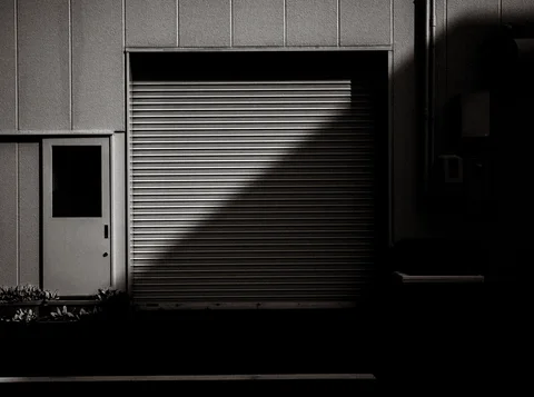 A diagonal shadow crosses a closed metal shutter beside a small door in black and white.