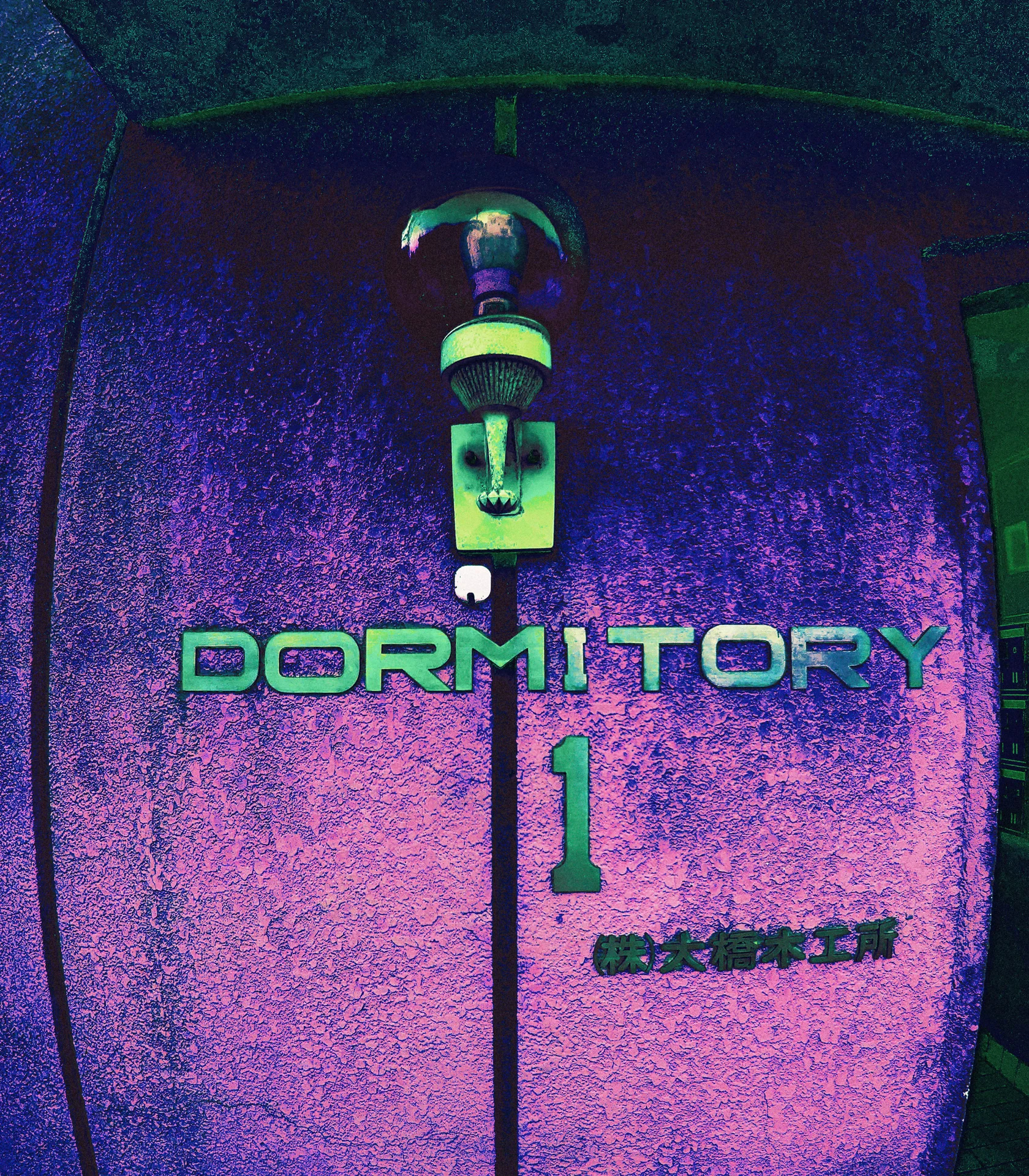 Green DORMITORY lettering and a large numeral decorate a dark purple-toned doorway.