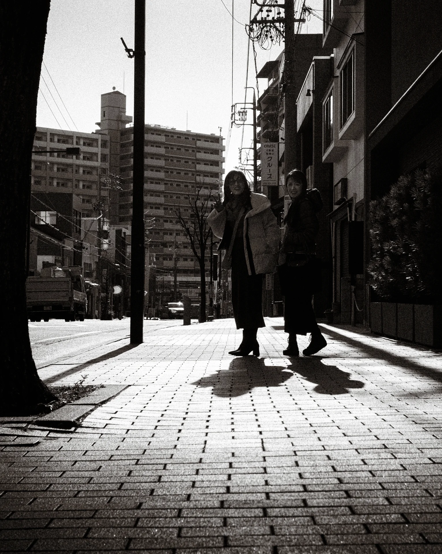 Two pedestrians cast long shadows across a sunlit brick sidewalk in black and white.