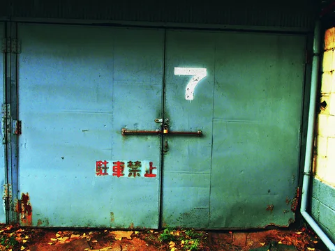 A white numeral seven marks weathered turquoise double doors secured by a horizontal metal bar above fallen leaves.