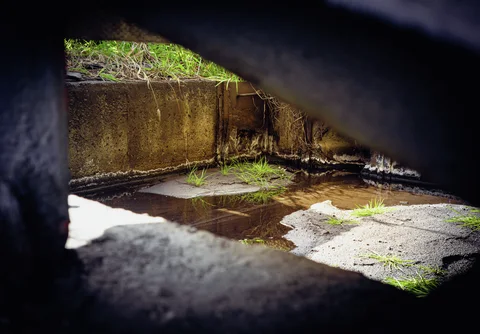 A dark opening frames a shallow puddle and weeds beside a stained concrete wall.