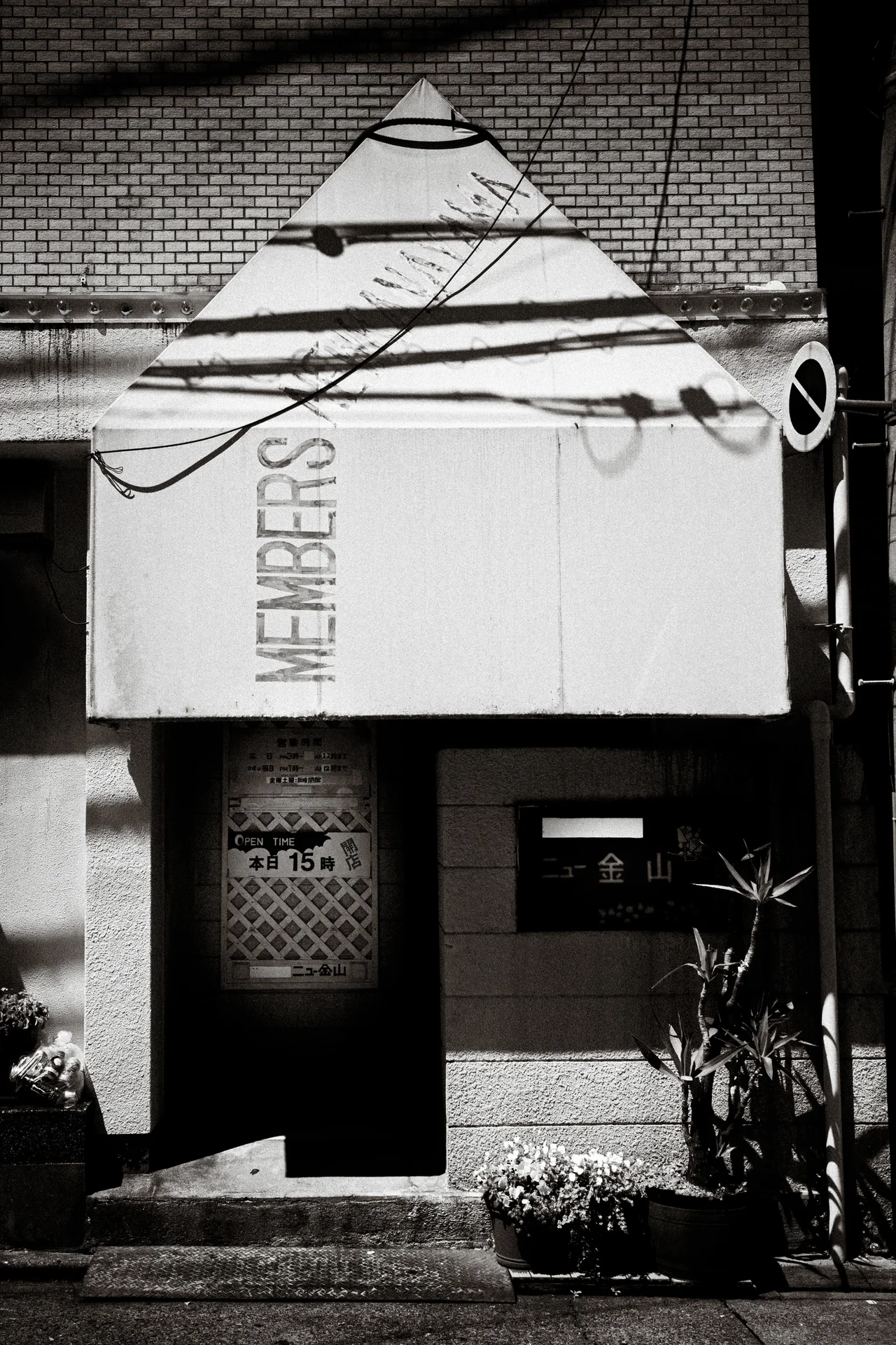 A pointed white entrance canopy catches branching shadows above a small doorway in monochrome.