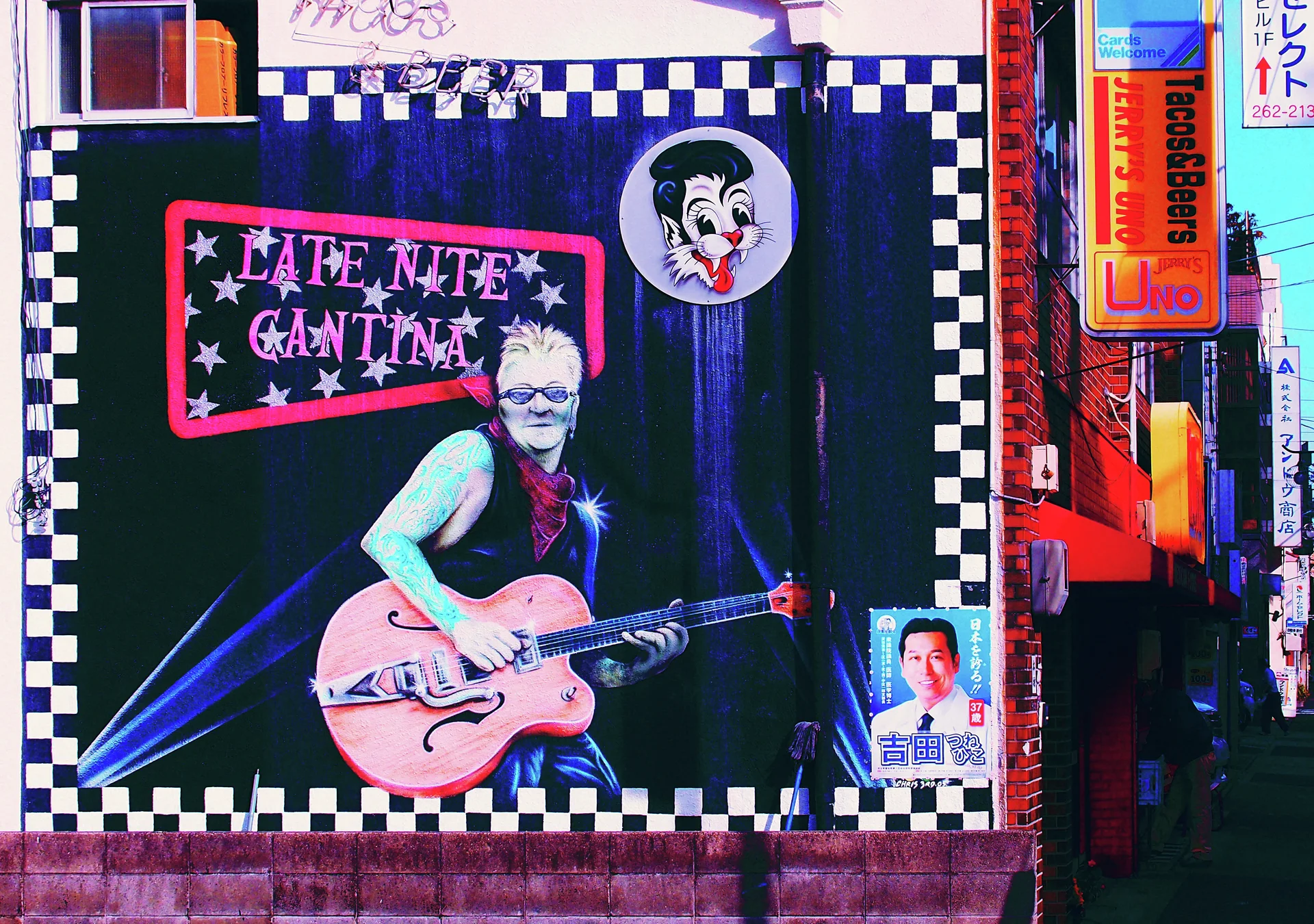 A mural of a guitarist fills a dark wall panel bordered by black-and-white checks and small posters.