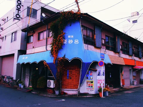 A blue scalloped corner awning wraps around an old storefront beneath upper windows and trailing vines.