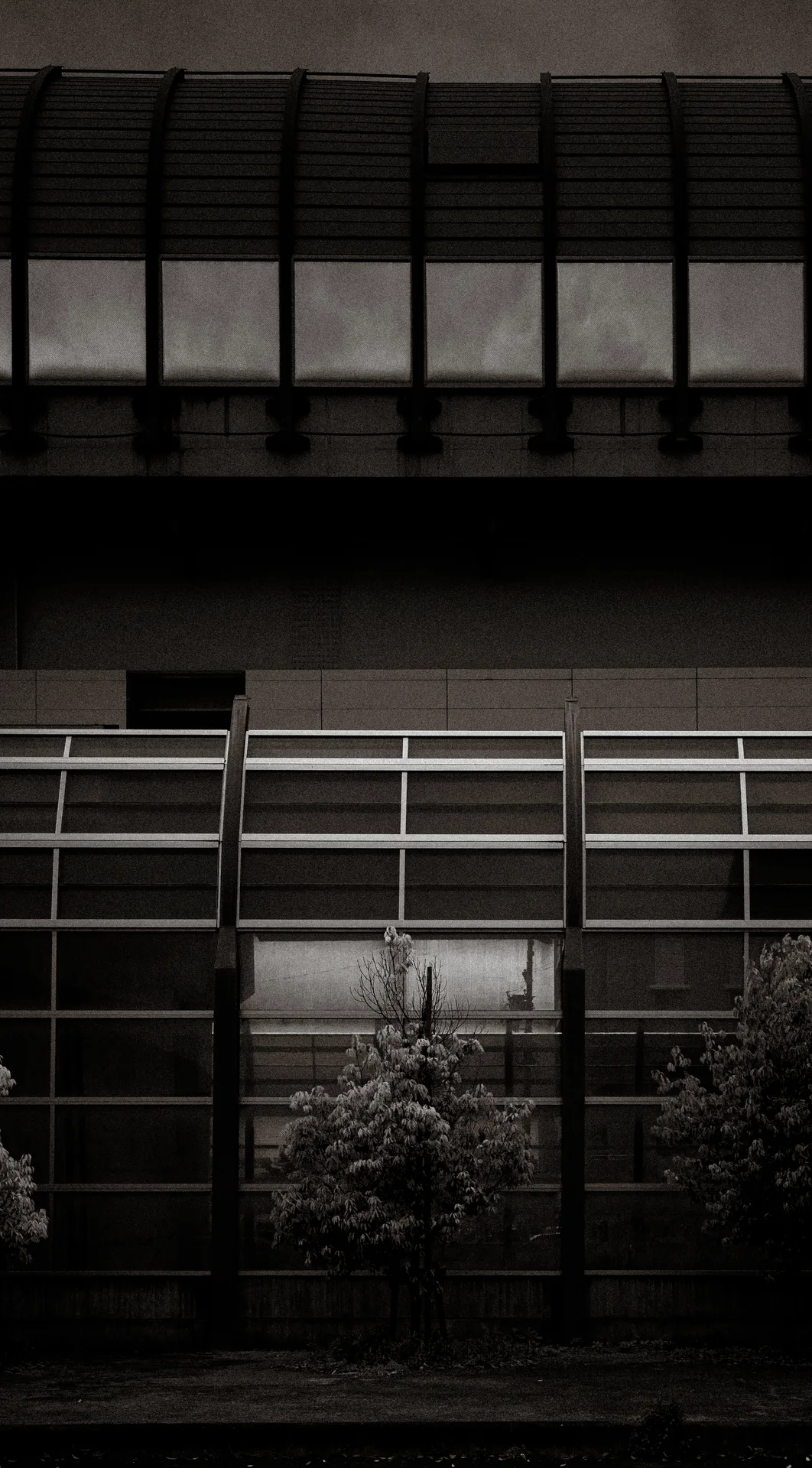 Rows of dark windows and horizontal metal framing cover a shadowed building facade in black and white.