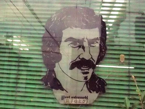 A stylized mustached man's portrait appears against green blinds behind glass with small plants nearby.