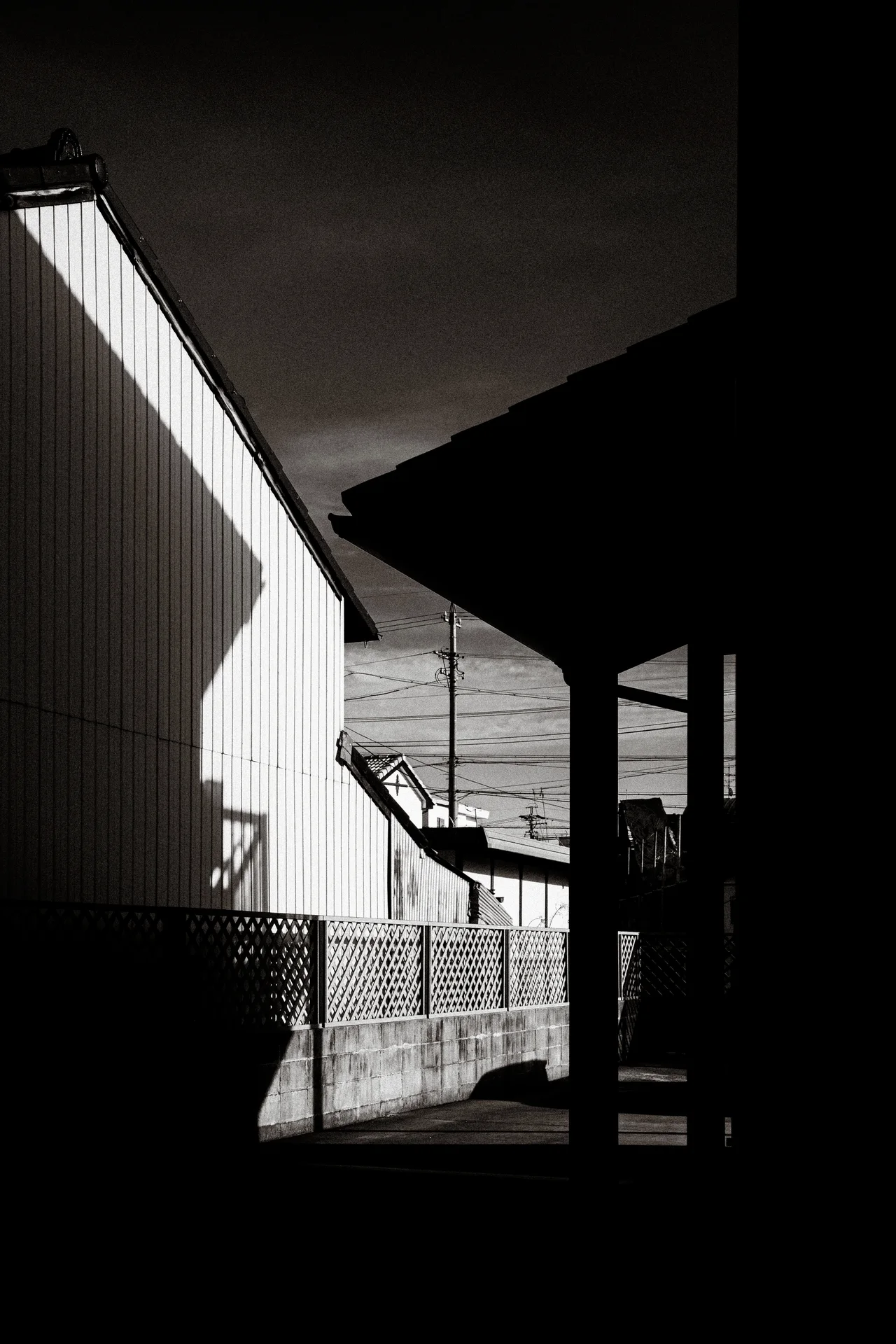 Angular sunlight crosses corrugated siding beside a silhouetted roof and posts in black and white.