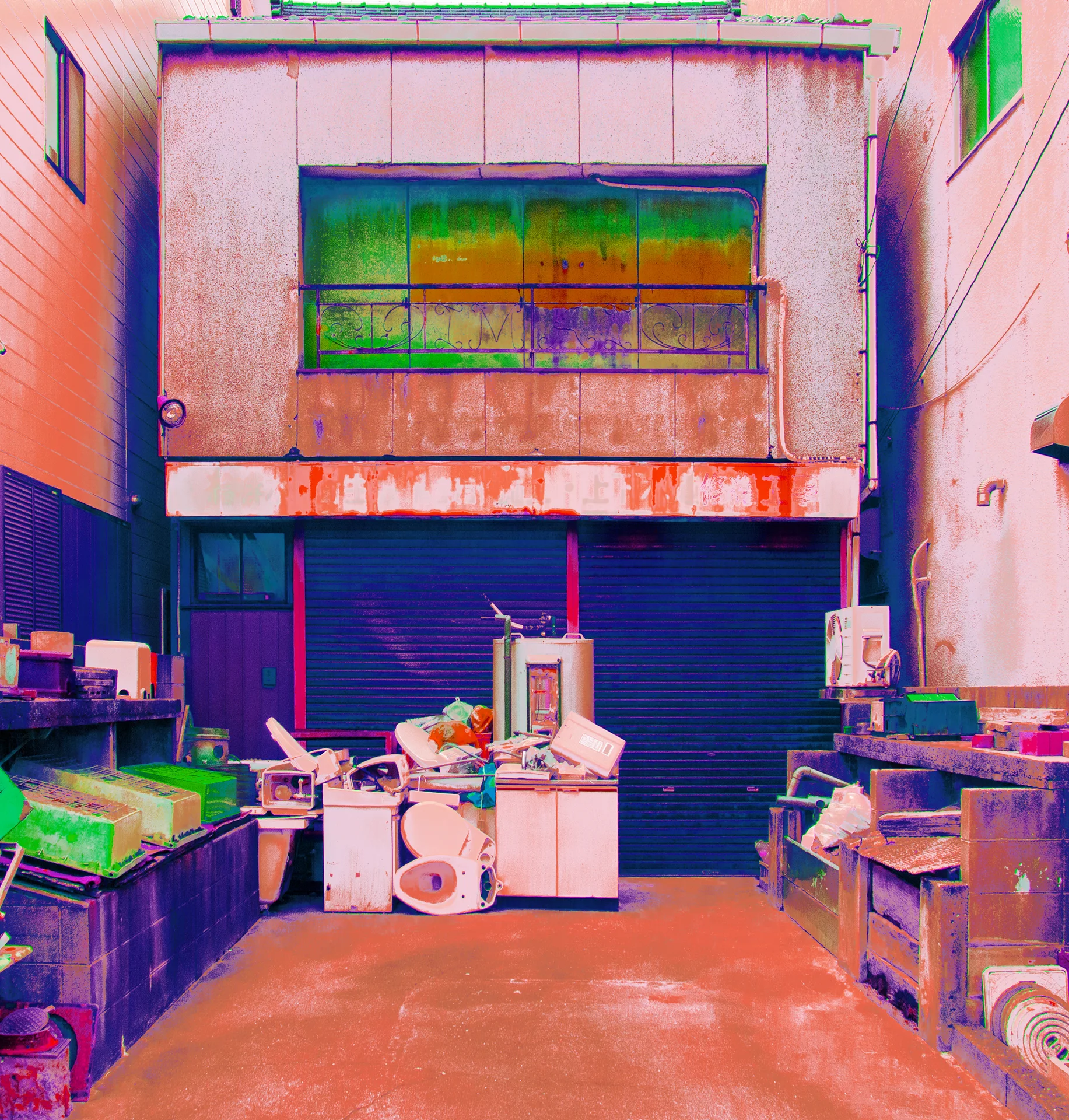 Discarded appliances and stacked containers crowd a courtyard before closed blue shutters.